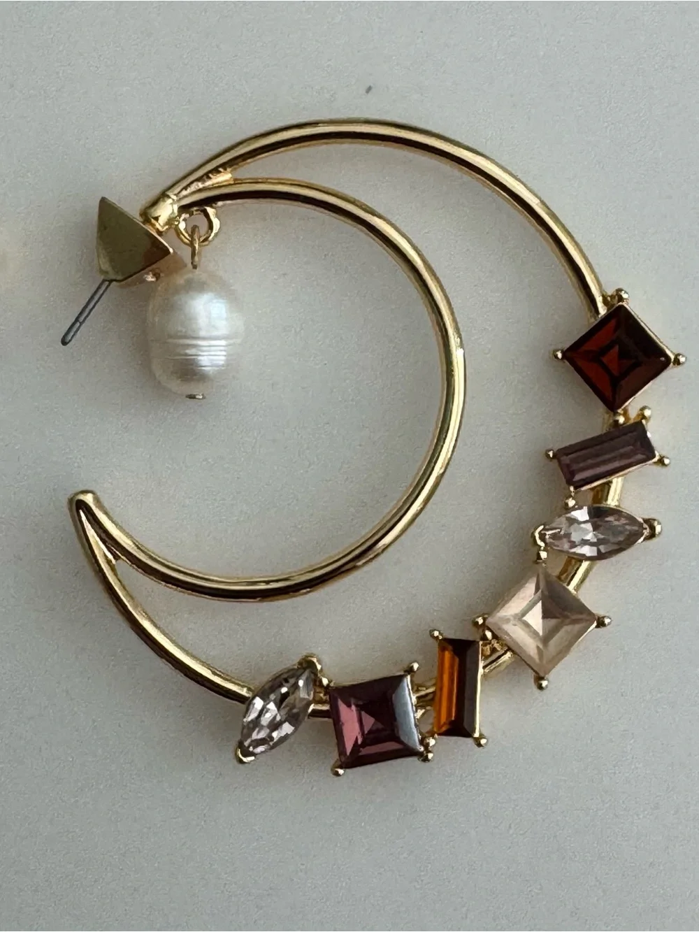 Gold Hoop Earrings with Pink and Amber Gem Accents and Pearl Drop